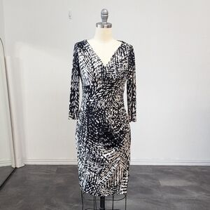 Lauren Ralph Lauren Watercolor Faux Wrap Jersey Knit Dress Black White 4P office